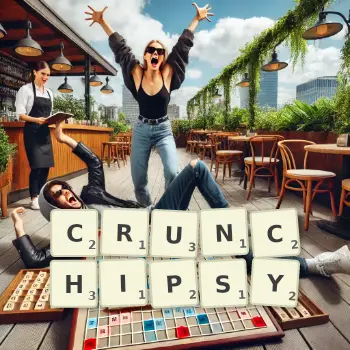 Kreatywna ilustracja do gry w Scrabble ze słowem CRUNCHIPSY ułożonym z płytek na planszy.