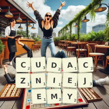 Kreatywna ilustracja do gry w Scrabble ze słowem CUDACZNIEJEMY ułożonym z płytek na planszy.