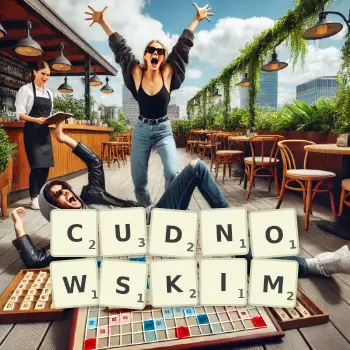 Kreatywna ilustracja do gry w Scrabble ze słowem CUDNOWSKIM ułożonym z płytek na planszy.