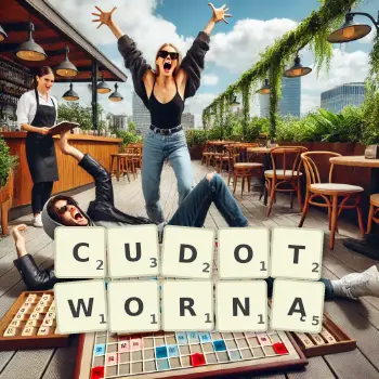 Kreatywna ilustracja do gry w Scrabble ze słowem CUDOTWORNĄ ułożonym z płytek na planszy.
