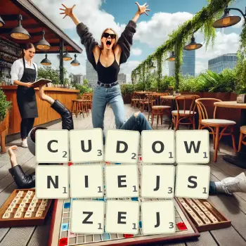 Kreatywna ilustracja do gry w Scrabble ze słowem CUDOWNIEJSZEJ ułożonym z płytek na planszy.