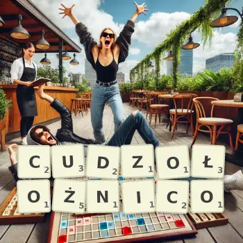 Kreatywna ilustracja do gry w Scrabble ze słowem CUDZOŁOŻNICO ułożonym z płytek na planszy.