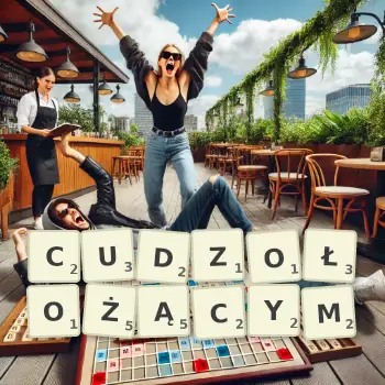 Kreatywna ilustracja do gry w Scrabble ze słowem CUDZOŁOŻĄCYM ułożonym z płytek na planszy.