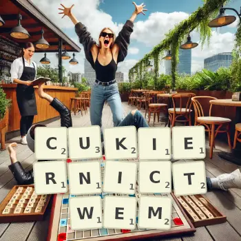 Kreatywna ilustracja do gry w Scrabble ze słowem CUKIERNICTWEM ułożonym z płytek na planszy.