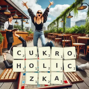 Kreatywna ilustracja do gry w Scrabble ze słowem CUKROHOLICZKA ułożonym z płytek na planszy.
