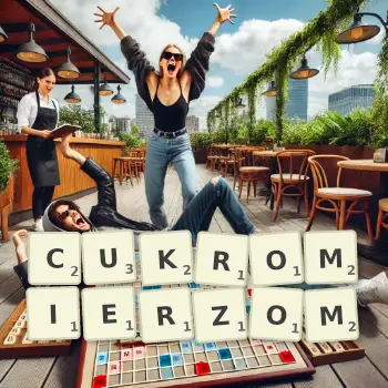 Kreatywna ilustracja do gry w Scrabble ze słowem CUKROMIERZOM ułożonym z płytek na planszy.