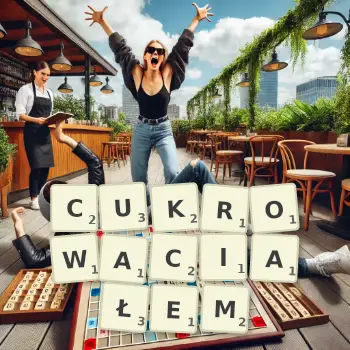 Kreatywna ilustracja do gry w Scrabble ze słowem CUKROWACIAŁEM ułożonym z płytek na planszy.