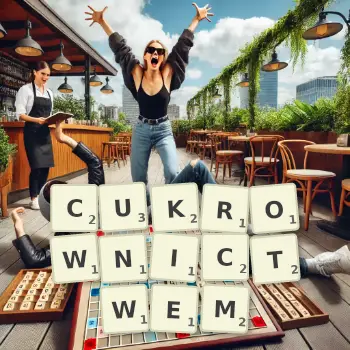 Kreatywna ilustracja do gry w Scrabble ze słowem CUKROWNICTWEM ułożonym z płytek na planszy.