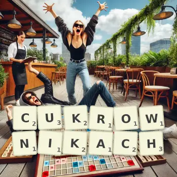 Kreatywna ilustracja do gry w Scrabble ze słowem CUKROWNIKACH ułożonym z płytek na planszy.