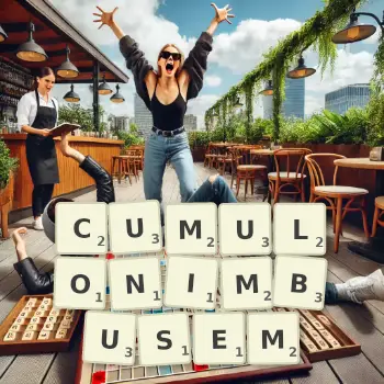 Kreatywna ilustracja do gry w Scrabble ze słowem CUMULONIMBUSEM ułożonym z płytek na planszy.