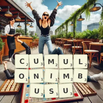 Kreatywna ilustracja do gry w Scrabble ze słowem CUMULONIMBUSU ułożonym z płytek na planszy.