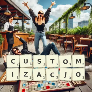 Kreatywna ilustracja do gry w Scrabble ze słowem CUSTOMIZACJO ułożonym z płytek na planszy.