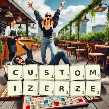 Kreatywna ilustracja do gry w Scrabble ze słowem CUSTOMIZERZE ułożonym z płytek na planszy.