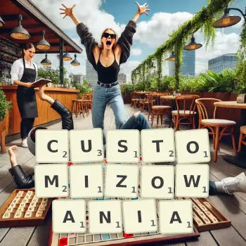 Kreatywna ilustracja do gry w Scrabble ze słowem CUSTOMIZOWANIA ułożonym z płytek na planszy.