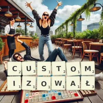 Kreatywna ilustracja do gry w Scrabble ze słowem CUSTOMIZOWAŁ ułożonym z płytek na planszy.