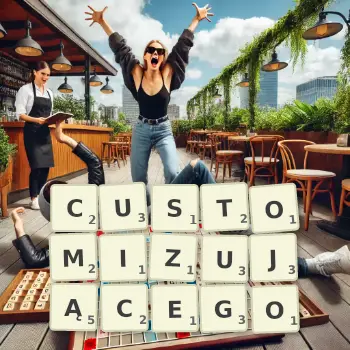 Kreatywna ilustracja do gry w Scrabble ze słowem CUSTOMIZUJĄCEGO ułożonym z płytek na planszy.