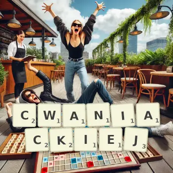 Kreatywna ilustracja do gry w Scrabble ze słowem CWANIACKIEJ ułożonym z płytek na planszy.