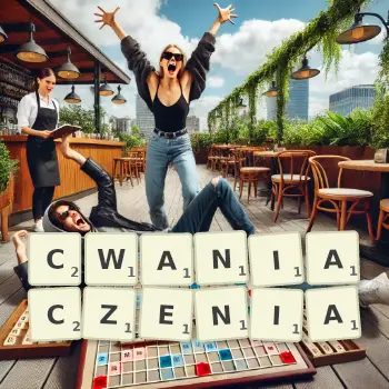 Kreatywna ilustracja do gry w Scrabble ze słowem CWANIACZENIA ułożonym z płytek na planszy.