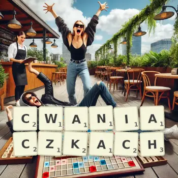 Kreatywna ilustracja do gry w Scrabble ze słowem CWANIACZKACH ułożonym z płytek na planszy.