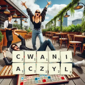 Kreatywna ilustracja do gry w Scrabble ze słowem CWANIACZYL ułożonym z płytek na planszy.