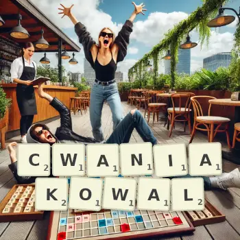 Kreatywna ilustracja do gry w Scrabble ze słowem CWANIAKOWAL ułożonym z płytek na planszy.