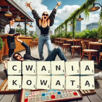 Kreatywna ilustracja do gry w Scrabble ze słowem CWANIAKOWATĄ ułożonym z płytek na planszy.