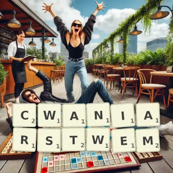 Kreatywna ilustracja do gry w Scrabble ze słowem CWANIARSTWEM ułożonym z płytek na planszy.