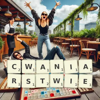 Kreatywna ilustracja do gry w Scrabble ze słowem CWANIARSTWIE ułożonym z płytek na planszy.