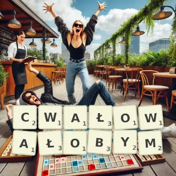 Kreatywna ilustracja do gry w Scrabble ze słowem CWAŁOWAŁOBYM ułożonym z płytek na planszy.