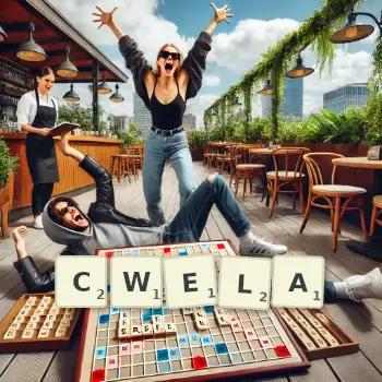 Kreatywna ilustracja do gry w Scrabble ze słowem CWELA ułożonym z płytek na planszy.