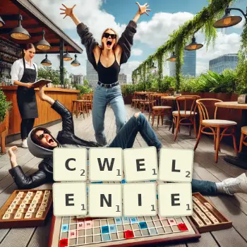 Kreatywna ilustracja do gry w Scrabble ze słowem CWELENIE ułożonym z płytek na planszy.