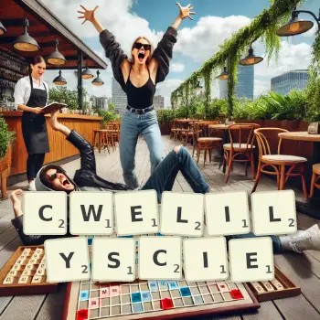 Kreatywna ilustracja do gry w Scrabble ze słowem CWELILYSCIE ułożonym z płytek na planszy.