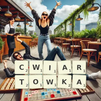 Kreatywna ilustracja do gry w Scrabble ze słowem CWIARTOWKA ułożonym z płytek na planszy.