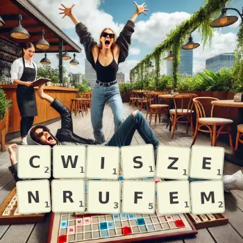 Kreatywna ilustracja do gry w Scrabble ze słowem CWISZENRUFEM ułożonym z płytek na planszy.