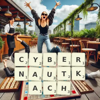 Kreatywna ilustracja do gry w Scrabble ze słowem CYBERNAUTKACH ułożonym z płytek na planszy.