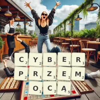 Kreatywna ilustracja do gry w Scrabble ze słowem CYBERPRZEMOCĄ ułożonym z płytek na planszy.