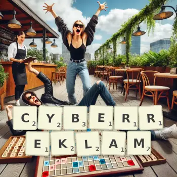 Kreatywna ilustracja do gry w Scrabble ze słowem CYBERREKLAM ułożonym z płytek na planszy.