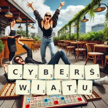 Kreatywna ilustracja do gry w Scrabble ze słowem CYBERŚWIATU ułożonym z płytek na planszy.
