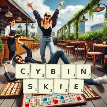 Kreatywna ilustracja do gry w Scrabble ze słowem CYBIŃSKIE ułożonym z płytek na planszy.
