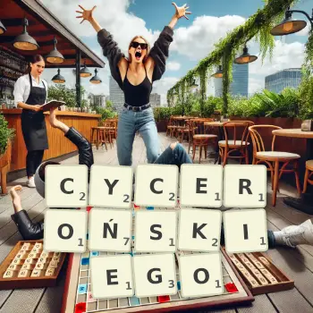 Kreatywna ilustracja do gry w Scrabble ze słowem CYCEROŃSKIEGO ułożonym z płytek na planszy.