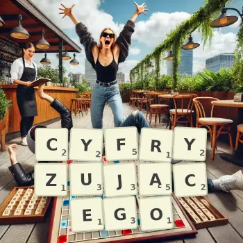 Kreatywna ilustracja do gry w Scrabble ze słowem CYFRYZUJĄCEGO ułożonym z płytek na planszy.
