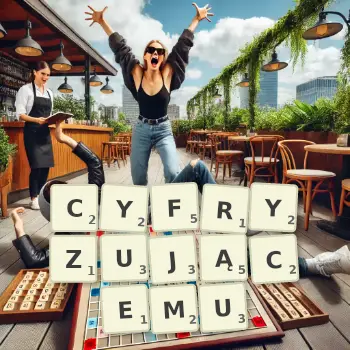 Kreatywna ilustracja do gry w Scrabble ze słowem CYFRYZUJĄCEMU ułożonym z płytek na planszy.
