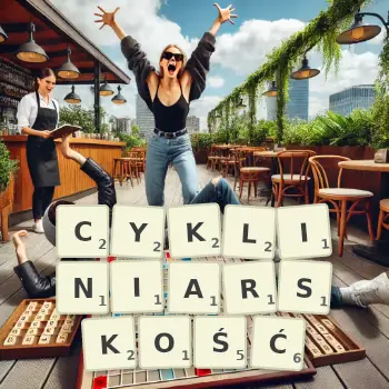 Kreatywna ilustracja do gry w Scrabble ze słowem CYKLINIARSKOŚĆ ułożonym z płytek na planszy.