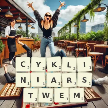 Kreatywna ilustracja do gry w Scrabble ze słowem CYKLINIARSTWEM ułożonym z płytek na planszy.