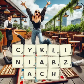 Kreatywna ilustracja do gry w Scrabble ze słowem CYKLINIARZACH ułożonym z płytek na planszy.