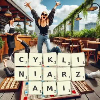 Kreatywna ilustracja do gry w Scrabble ze słowem CYKLINIARZAMI ułożonym z płytek na planszy.