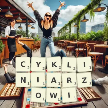 Kreatywna ilustracja do gry w Scrabble ze słowem CYKLINIARZOWI ułożonym z płytek na planszy.