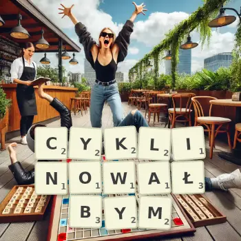 Kreatywna ilustracja do gry w Scrabble ze słowem CYKLINOWAŁBYM ułożonym z płytek na planszy.