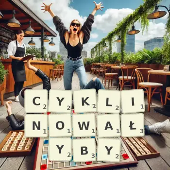 Kreatywna ilustracja do gry w Scrabble ze słowem CYKLINOWAŁYBY ułożonym z płytek na planszy.