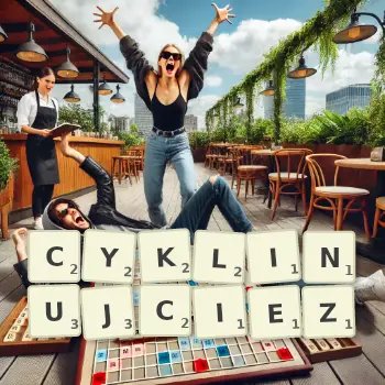 Kreatywna ilustracja do gry w Scrabble ze słowem CYKLINUJCIEZ ułożonym z płytek na planszy.
